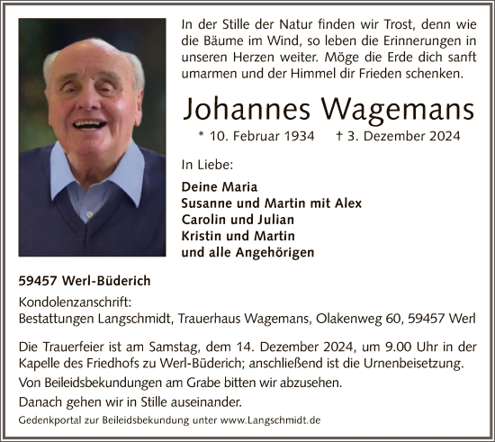 Todesanzeige von Johannes Wagemans von WA