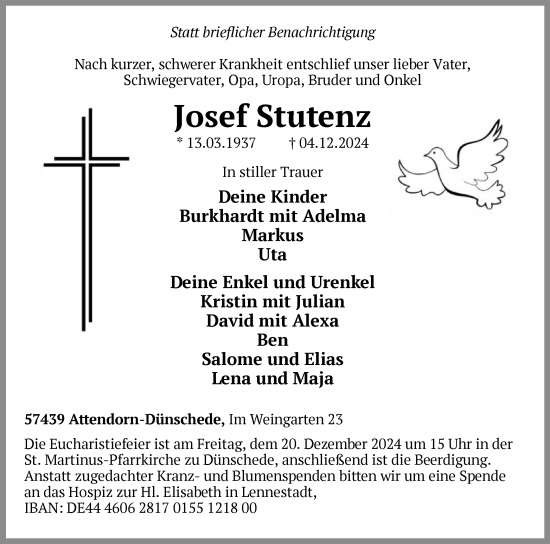 Todesanzeige von Josef Stutenz von WA