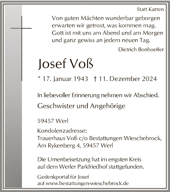 Todesanzeige von Josef Voß von WA