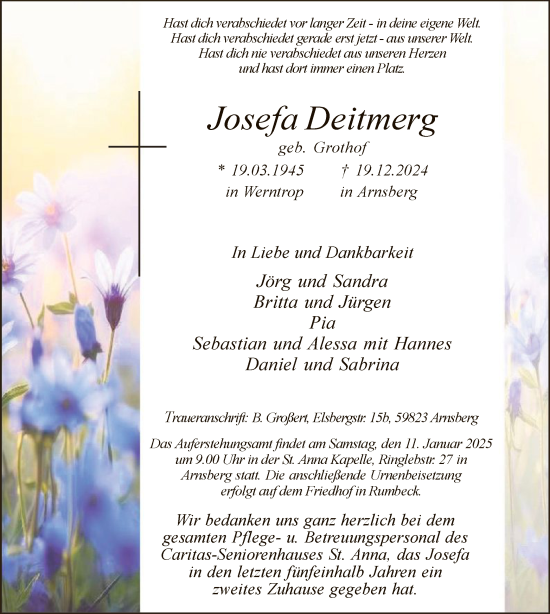 Todesanzeige von Josefa Deitmerg von WA