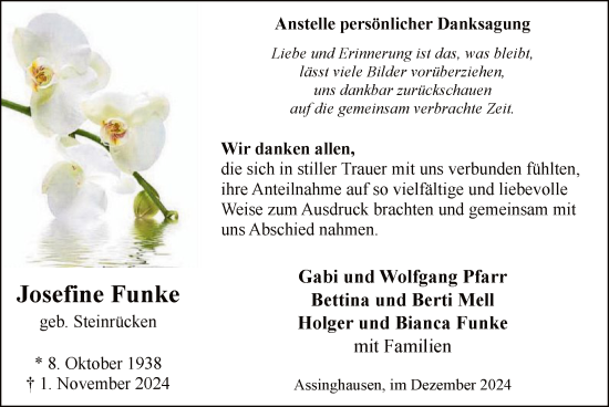 Todesanzeige von Josefine Funke von WA