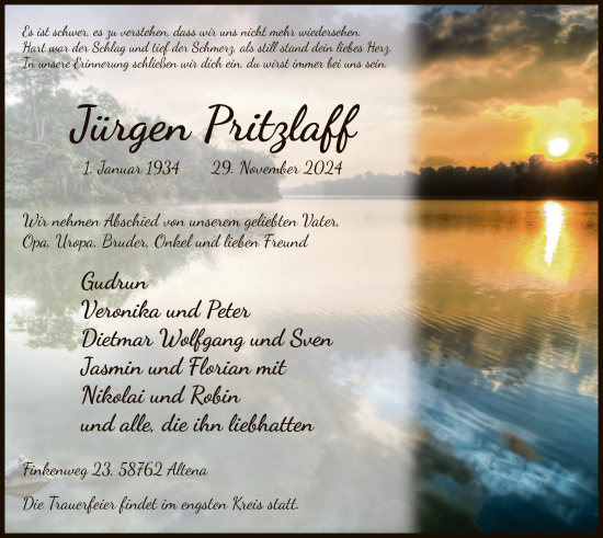 Todesanzeige von Jürgen Pritzlaff von WA