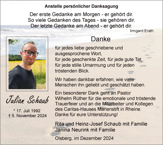 Todesanzeige von Julian Schaub von WA