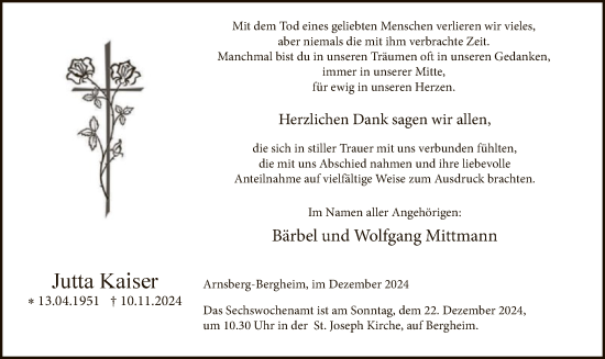 Todesanzeige von Jutta Kaiser von WA