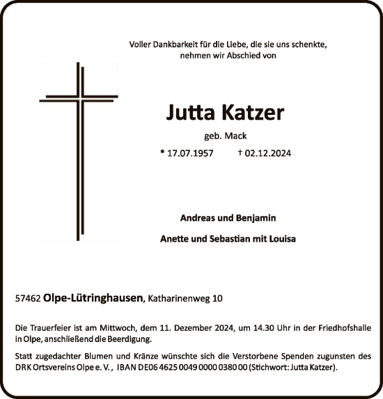 Todesanzeige von Jutta Katzer von WA