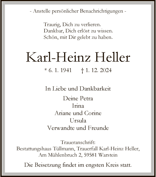 Todesanzeige von Karl-Heinz Heller von WA