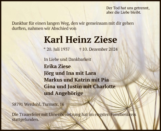 Todesanzeige von Karl Heinz Ziese von WA