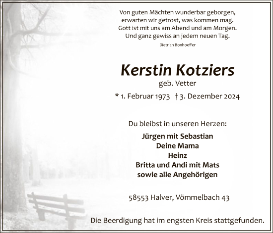 Todesanzeige von Kerstin Kotziers von WA