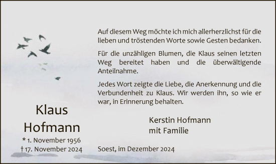 Todesanzeige von Klaus Hofmann von WA