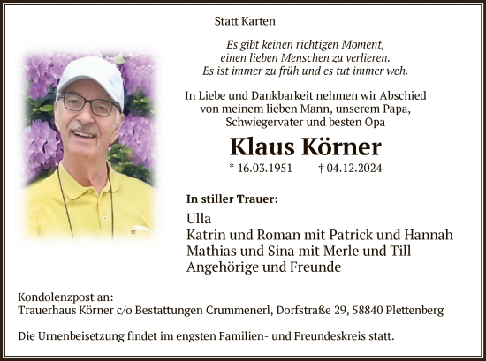 Todesanzeige von Klaus Körner von WA