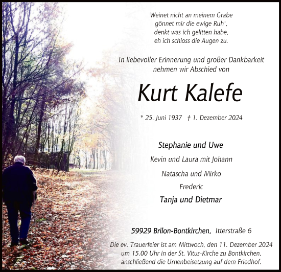 Todesanzeige von Kurt Kalefe von WA