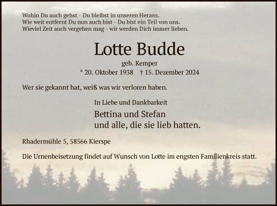 Todesanzeige von Lotte Budde von WA