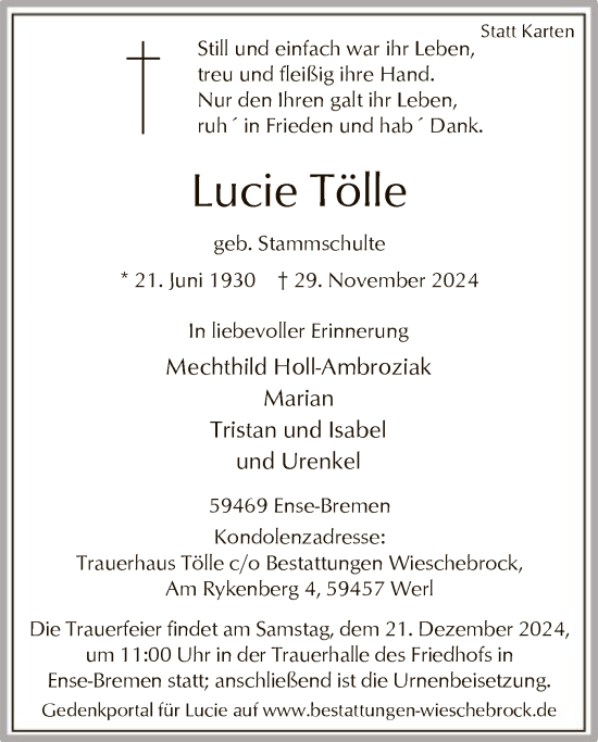 Todesanzeige von Lucie Tölle von WA