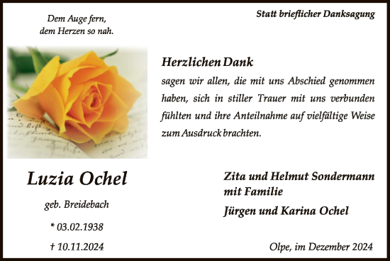 Todesanzeige von Luzia Ochel von WA