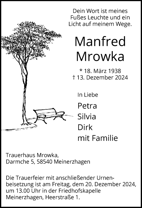 Todesanzeige von Manfred Mrowka von WA