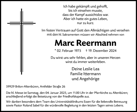 Todesanzeige von Marc Reermann von WA