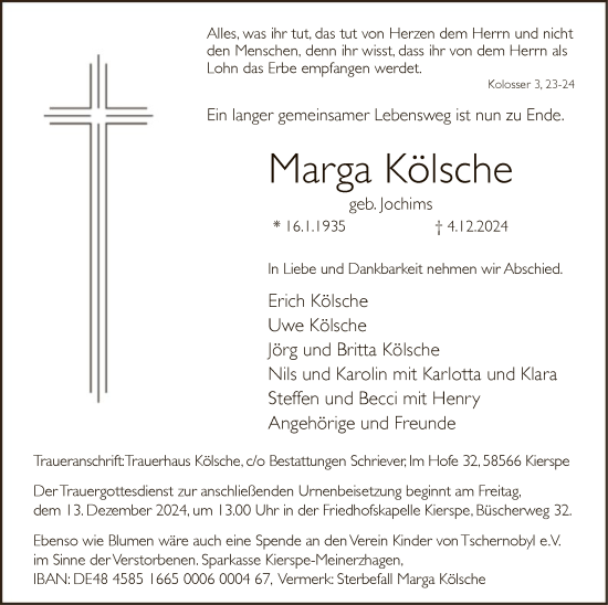 Todesanzeige von Marga Kölsche von WA