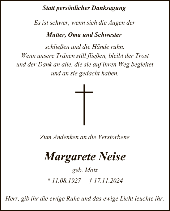 Todesanzeige von Margarete Neise von WA