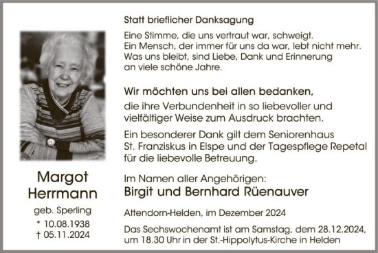 Todesanzeige von Margot Herrmann von WA