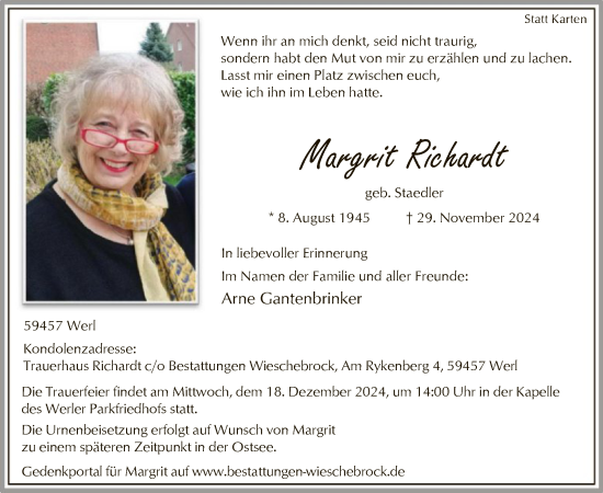 Todesanzeige von Margrit Richardt von WA