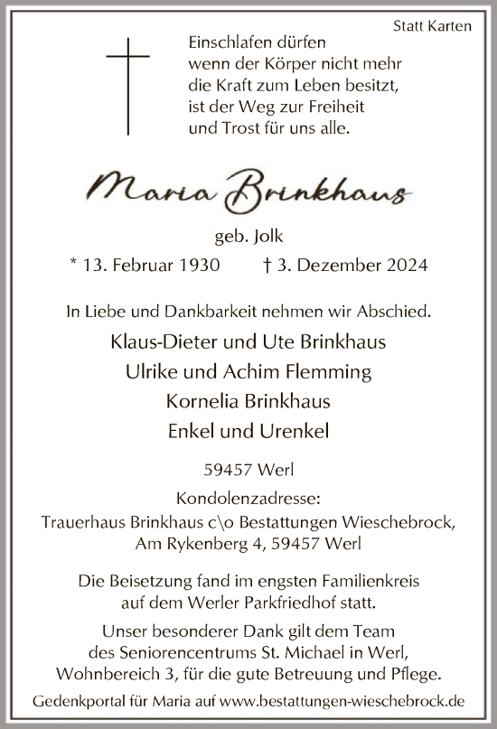 Todesanzeige von Maria Brinkhaus von WA