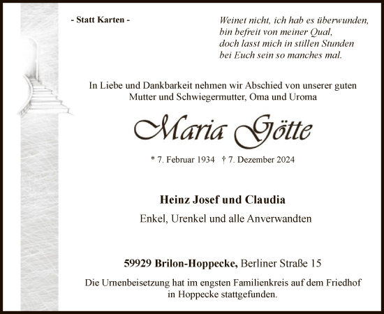 Todesanzeige von Maria Götte von WA