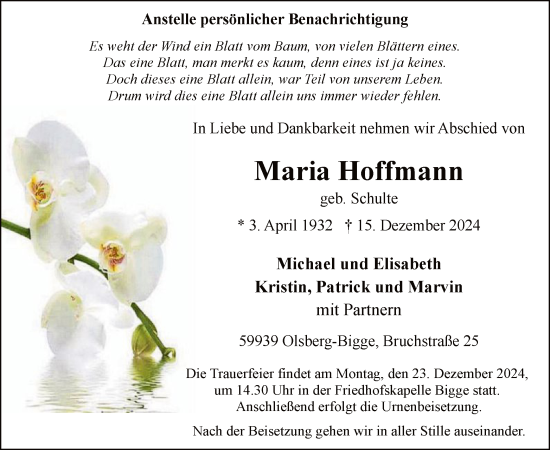 Todesanzeige von Maria Hoffmann von WA