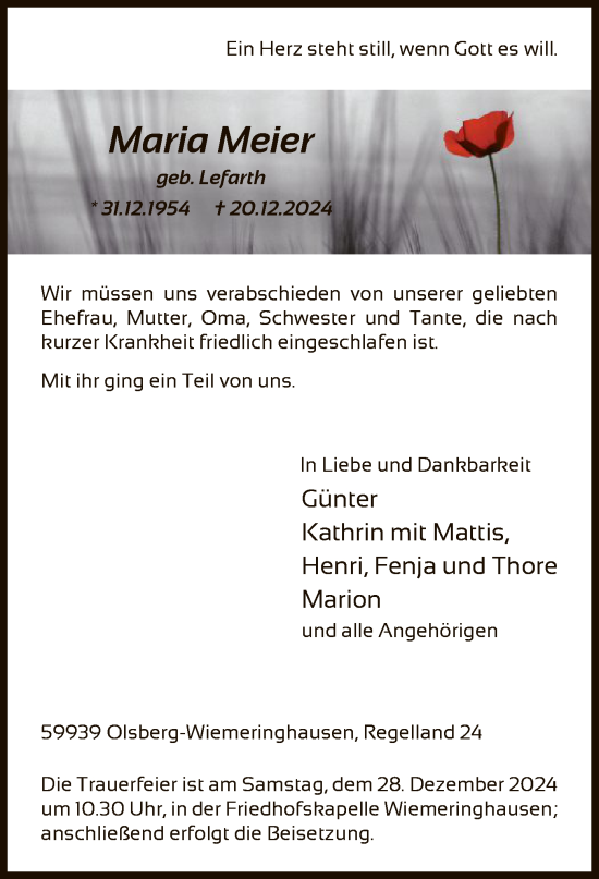 Todesanzeige von Maria Meier von WA