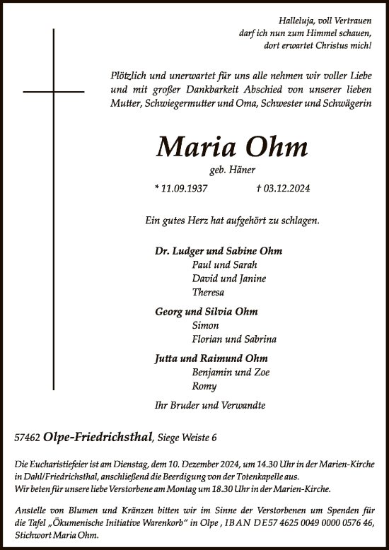 Todesanzeige von Maria Ohm von WA