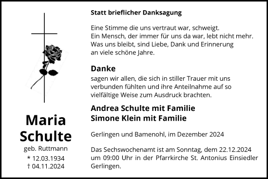Todesanzeige von Maria Schulte von WA