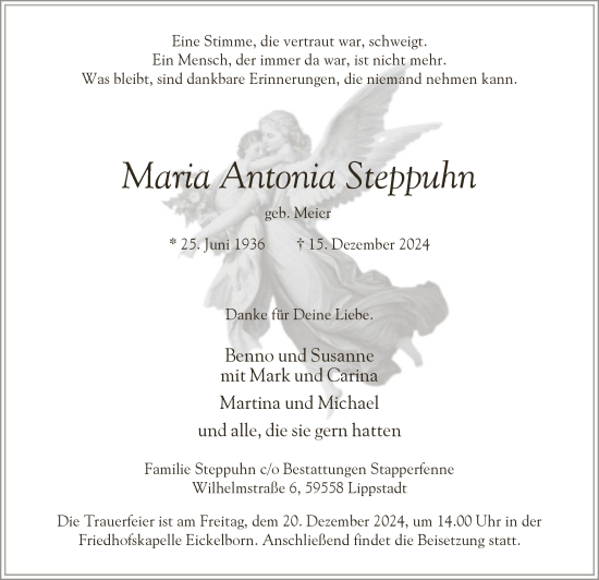 Todesanzeige von Maria Antonia Steppuhn von WA