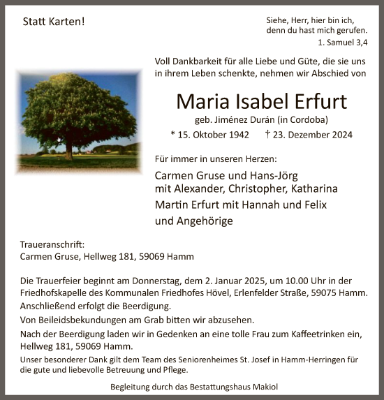 Todesanzeige von Maria Isabel Erfurt von WA