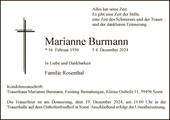 Todesanzeige von Marianne Burmann von WA