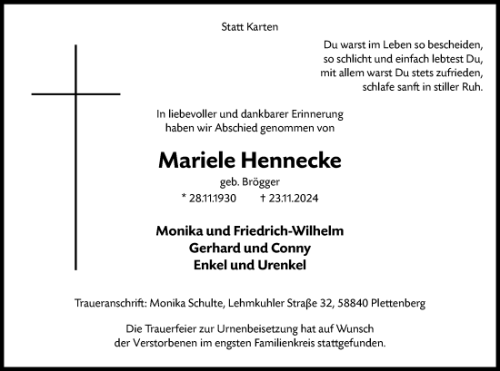 Todesanzeige von Mariele Hennecke von WA