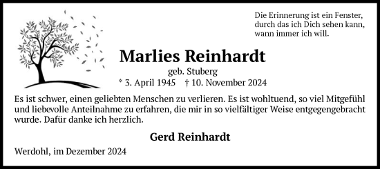 Todesanzeige von Marlies Reinhardt von WA