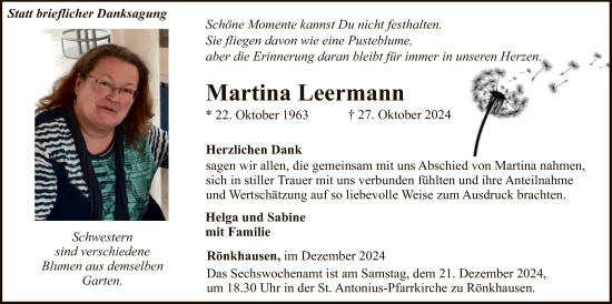 Todesanzeige von Martina Leermann von WA