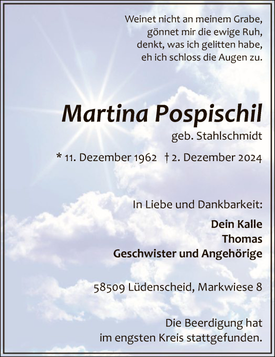 Todesanzeige von Martina Pospischil von WA