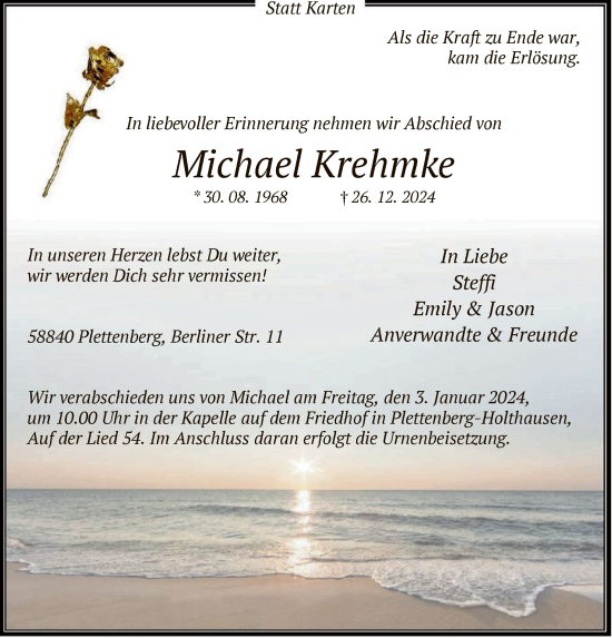 Todesanzeige von Michael Krehmke von WA