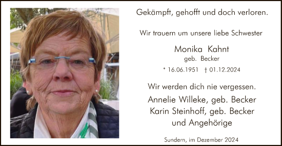 Todesanzeige von Monika Kahnt von WA
