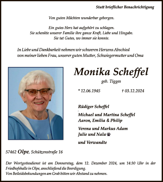 Todesanzeige von Monika Scheffel von WA