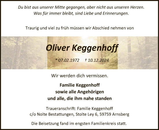 Todesanzeige von Oliver Keggenhoff von WA