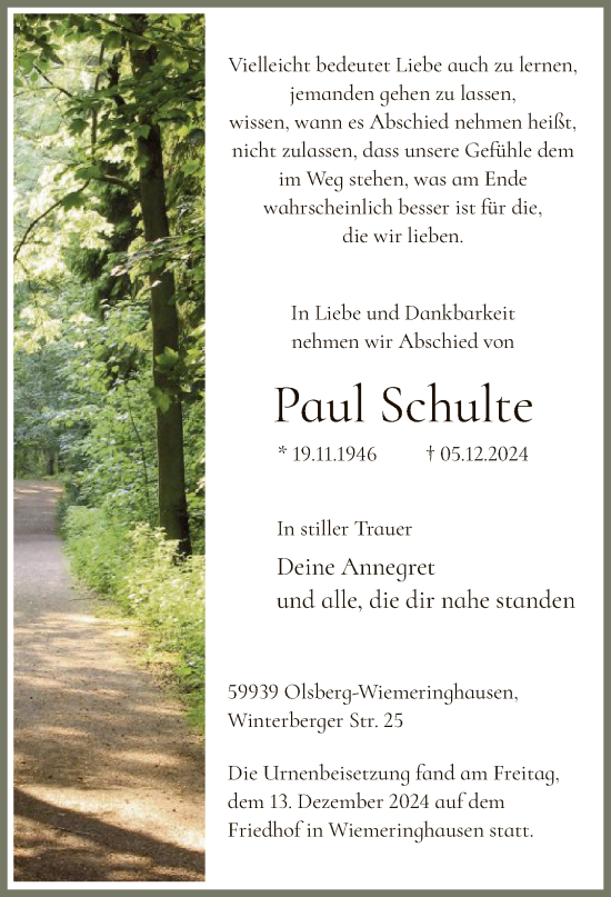 Todesanzeige von Paul Schulte von WA