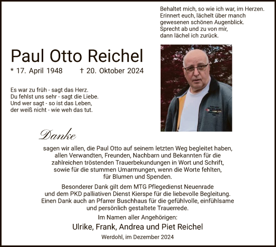 Todesanzeige von Paul Otto Reichel von WA