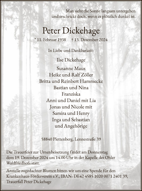 Todesanzeige von Peter Dickehage von WA