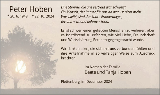 Todesanzeige von Peter Hoben von WA