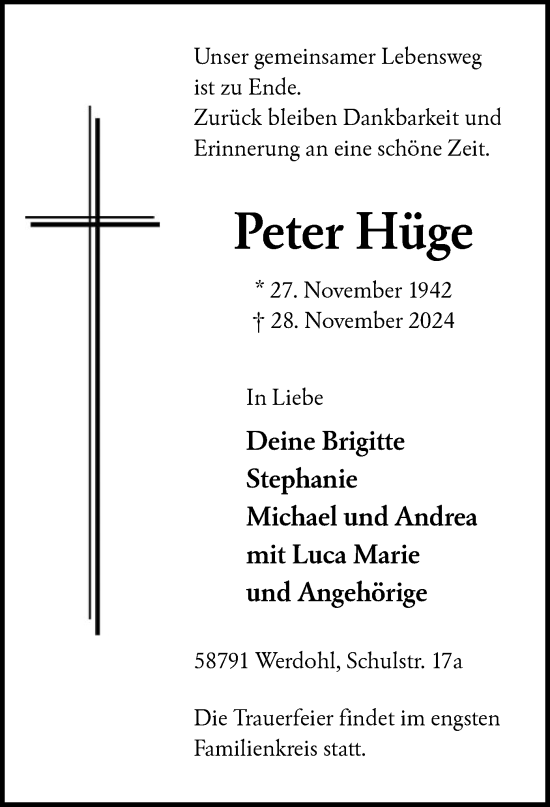Todesanzeige von Peter Hüge von WA