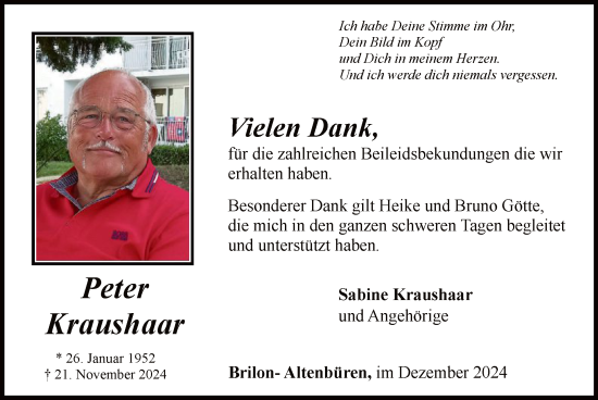 Todesanzeige von Peter Kraushaar von WA