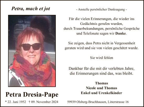 Todesanzeige von Petra Dresia-Pape von WA