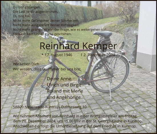 Todesanzeige von Reinhard Kemper von WA
