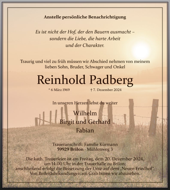 Todesanzeige von Reinhold Padberg von WA
